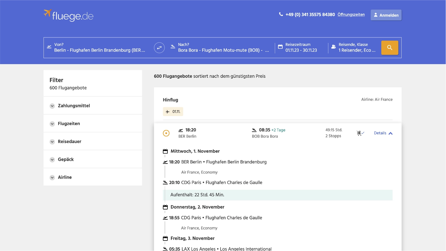 Screenshot of the project fluege.de